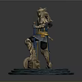 Game Fantasy Warrior Character with Golden Silver Armor Blue Sash Staff and Blue Circular Base
