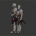 Three Armored Knights In Silver Armor With Red Gold Details And Swords