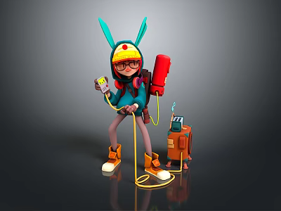 Game Movie Character With Blue Rabbit Ears Hat Glasses Red Backpack And Orange Boots 3d model