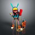 Game Movie Character With Blue Rabbit Ears Hat Glasses Red Backpack And Orange Boots