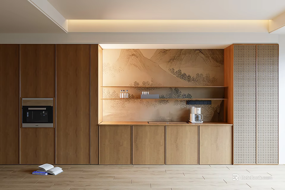 Modern Wooden Sideboard With Mountain Painting Backdrop Open Shelves Coffee Machine And Microwave 3d model 