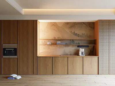 Modern Wooden Sideboard With Mountain Painting Backdrop Open Shelves Coffee Machine And Microwave 3d model