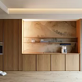 Modern Wooden Sideboard With Mountain Painting Backdrop Open Shelves Coffee Machine And Microwave