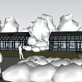 Scenic Park Landscape Featuring Glass Greenhouses Pink Hydrangeas People Trees And Blue Sky