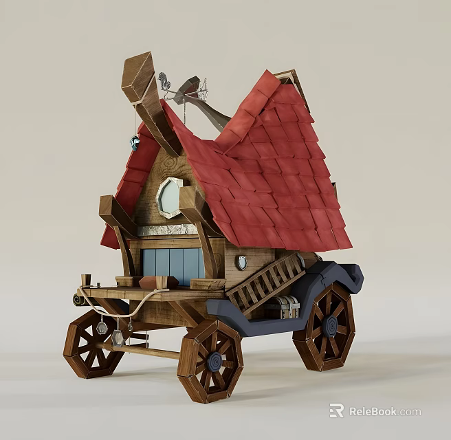 Ancient Architecture Inspired Mobile House Featuring Red Tiled Roof Wooden Staircase And Wheels 3d model 