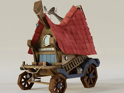 Ancient Architecture Inspired Mobile House Featuring Red Tiled Roof Wooden Staircase And Wheels 3d model