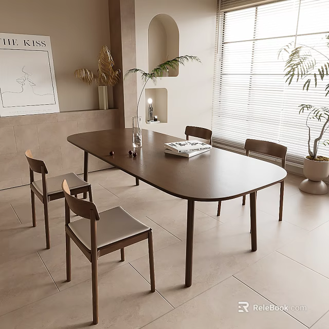Modern Dining Table Set With Wooden Chairs And Potted Plants By Window 3d model 