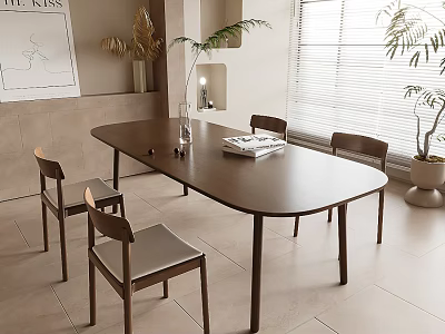 Modern Dining Table Set With Wooden Chairs And Potted Plants By Window 3d model