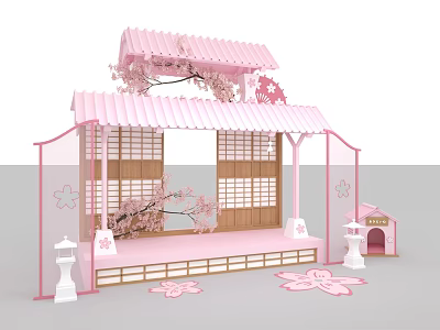 Japanese Style Cherry Blossom Spring Cherry Blossom Season Pink Japanese Style Fan Dog House Romantic Valentine's Day Partition 3d model
