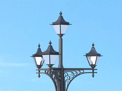 Outdoor Decorative Lamp Post with Multiple Pointed Top Lights and Blue Sky Background 3d model