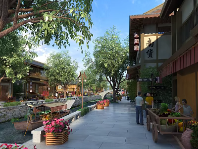 Traditional Style Commercial Street With Green Trees Flower Beds Pedestrians And Shops 3d model