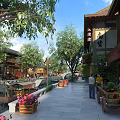 Traditional Style Commercial Street With Green Trees Flower Beds Pedestrians And Shops