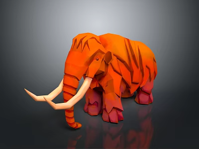 Orange Low Poly Woolly Mammoth Sculpture With Tusks Stripes And Pink Legs On Dark Background 3d model