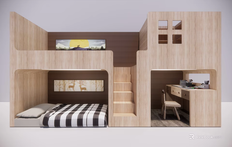 Wooden Bunk Bed Design With Lower Bed Staircase Desk And Decorative Wall 3d model 