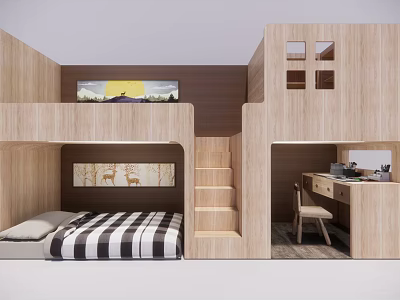 Wooden Bunk Bed Design With Lower Bed Staircase Desk And Decorative Wall 3d model