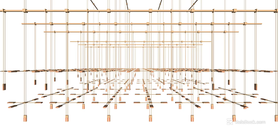 Multiple Copper Linear Chandeliers Hanging In Modern Geometric Layered Arrangement 3d model 