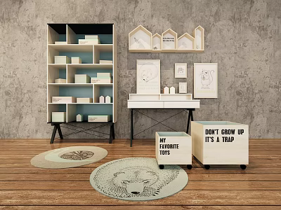 Stylish Home Desk Setup With Bookshelf Decorative Prints Rugs And Storage Boxes 3d model