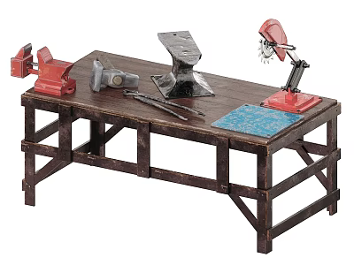 Functional Industrial Workbench Featuring Vise Anvil Essential Tools Sandpaper And Lamp 3d model