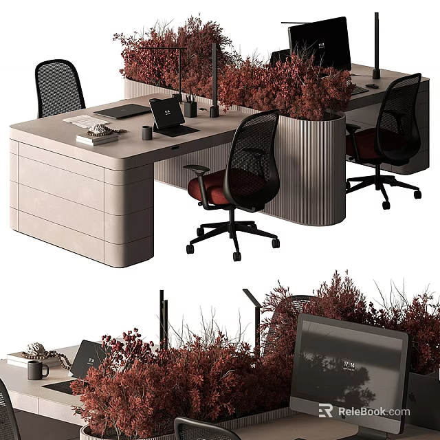 Modern Office Desk Setup With Laptop Documents Coffee Cup Plants And Ergonomic Chairs 3d model 