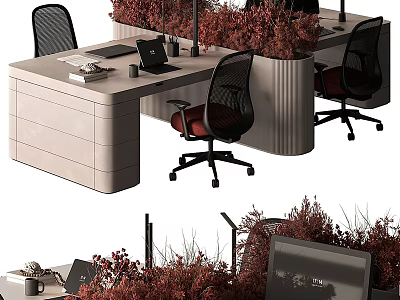 Modern Office Desk Setup With Laptop Documents Coffee Cup Plants And Ergonomic Chairs 3d model