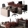 Modern Office Desk Setup With Laptop Documents Coffee Cup Plants And Ergonomic Chairs