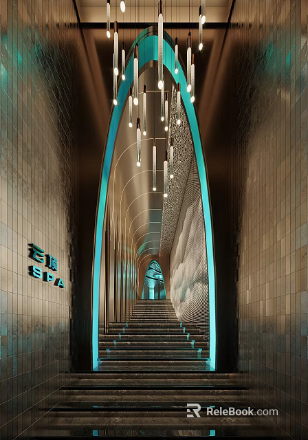 Luxury Hotel Corridor Featuring SPA Sign Arch Design Textured Walls And Modern Lighting 3d model 
