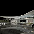 Modern Streamlined Sales Office Architecture With Full Glass Facade And Serene Reflective Outdoor Waterscape