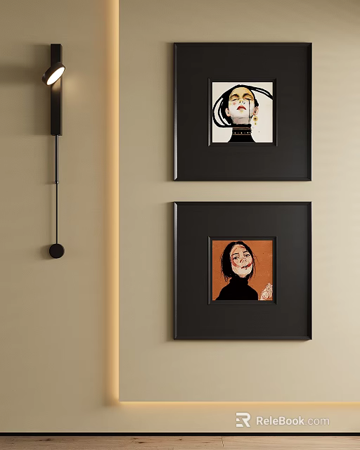 Stylish Abstract Portrait Paintings With Black Frames Hung On Beige Wall 3d model