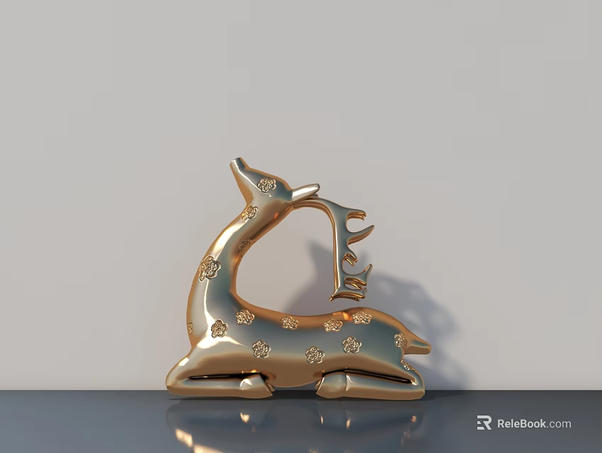 Detailed Shiny Golden Deer Sculpture Carving With Star Patterns On Gray Platform 3d model 