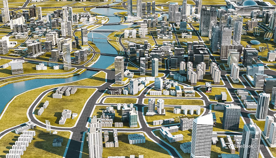 Aerial View Urban Planning With High Rise Buildings Roads River And Green Spaces 3d model 