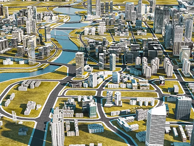Aerial View Urban Planning With High Rise Buildings Roads River And Green Spaces 3d model