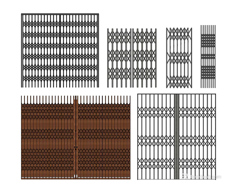Sliding Doors Showcasing Various Grille Patterns In Black And Brown Design Styles 3d model 