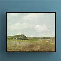 Scenic Landscape Painting With Blue Sky White Clouds Rolling Sand Dunes and Lush Bushes