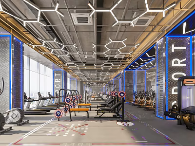 Modern Fitness Gym Interior With Workout Equipment Treadmill And Hexagon Ceiling Lights 3d model
