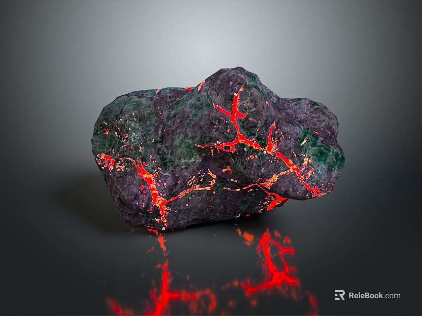 Stone With Red Glowing Veins And Wood Elements Green Purple Sections 3d model 