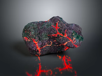Stone With Red Glowing Veins And Wood Elements Green Purple Sections 3d model
