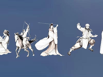 Wall Decor Featuring Ancient Characters in White Line Art Style with Blue Background 3d model