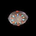 Traditional Decorative Household Container With Silver Body Intricate Patterns Orange Gemstone And Colorful Base Decorations