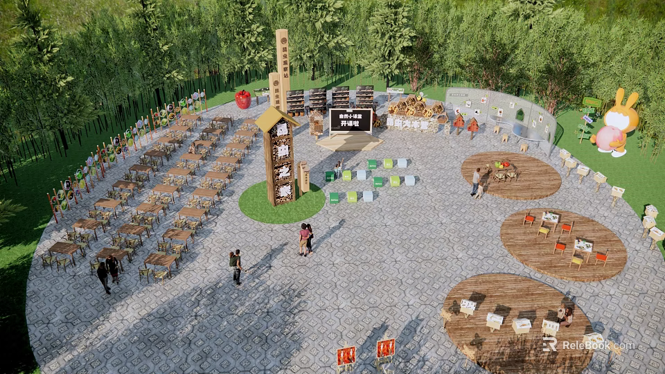 Outdoor Square With Tables Chairs Green Trees Wooden Signage And People 3d model 