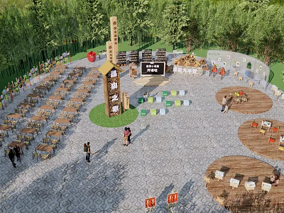 Outdoor Square With Tables Chairs Green Trees Wooden Signage And People 3d model