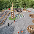 Outdoor Square With Tables Chairs Green Trees Wooden Signage And People