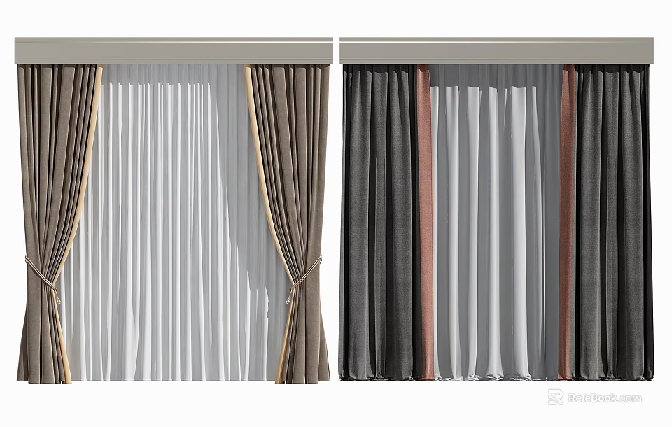 Modern Double Layer Curtains Tied Back With Brown White Gray Black Striped Design 3d model
