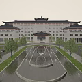 Chinese Style Sales Office Building With Traditional Roof Symmetrical Design And Front Water Pool Landscaping