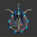Game Movie Characters Standing On Circular Platform With Blue Silver Mechanical Device Green Energy Core