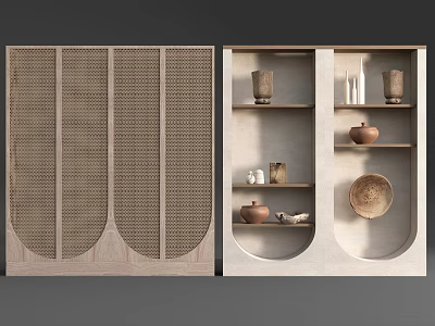 Decorative Cabinet With Textured Wooden Panels And Open Shelving Displaying Ceramic Vases And Bowls 3d model