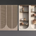Decorative Cabinet With Textured Wooden Panels And Open Shelving Displaying Ceramic Vases And Bowls