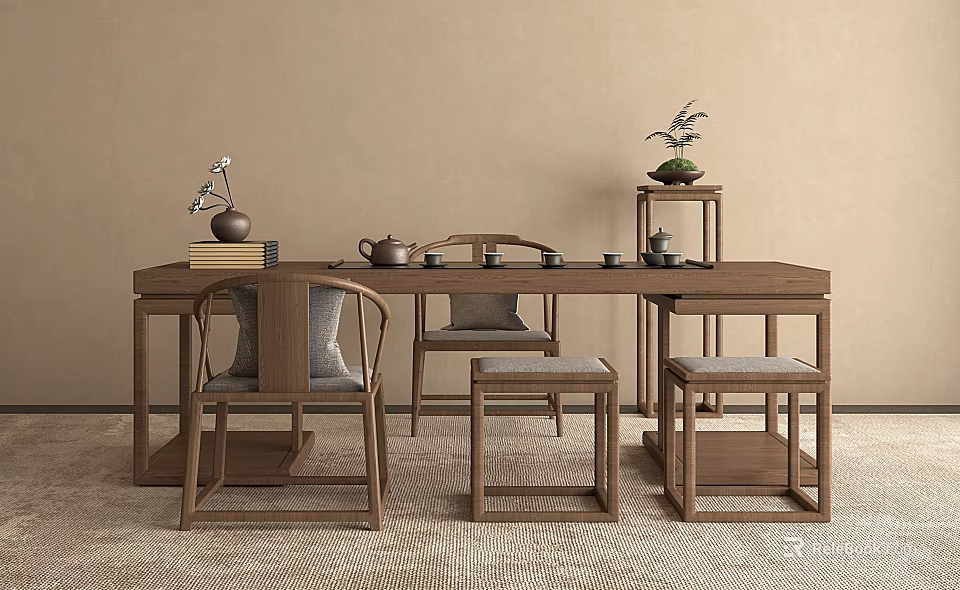 Chinese Style Solid Wood Tea Table and Chairs with Tea Set Potted Plant and Books 3d model 