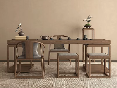 Chinese Style Solid Wood Tea Table and Chairs with Tea Set Potted Plant and Books 3d model