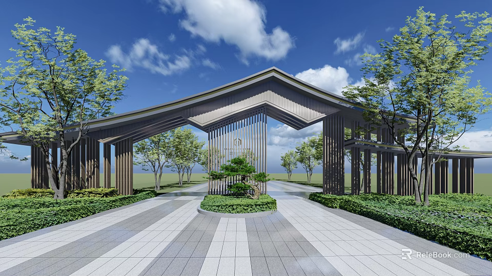 Modern Geometric Entrance Gate With Wooden Structure Green Plants And Paved Ground 3d model 