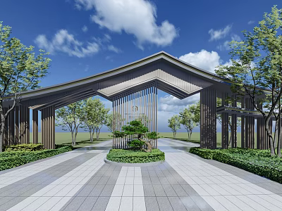 Modern Geometric Entrance Gate With Wooden Structure Green Plants And Paved Ground 3d model